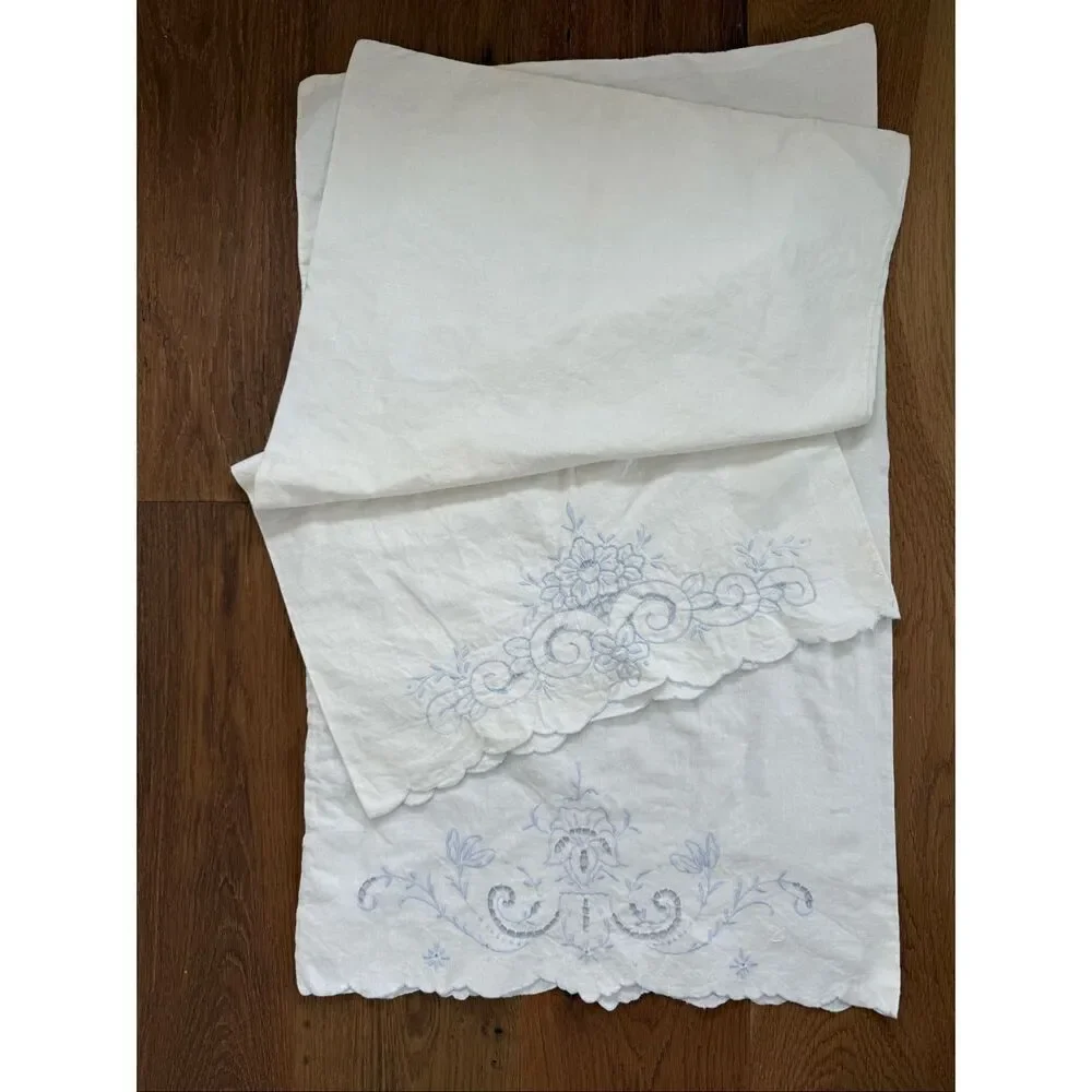 2 Vintage Queen Size Pillowcases Blue Embroidered Scalloped Edge